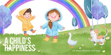 Yağmur mevsimi konsepti, suluboya stil içeren günlük başlığı şablonu