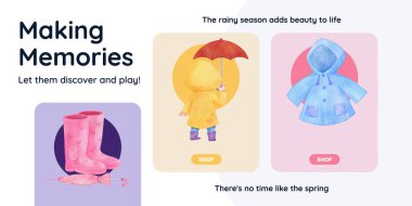 Yağmur mevsimi konsepti, suluboya stil içeren günlük başlığı şablonu