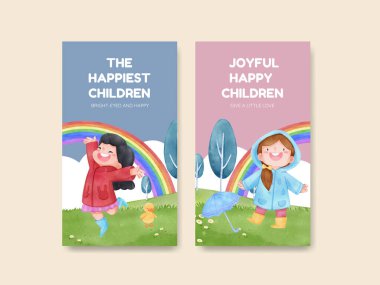 Çocuklu Instagram şablonu Yağmurlu sezon konsepti, suluboya stil