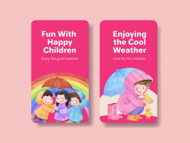 Çocuklu Instagram şablonu Yağmurlu sezon konsepti, suluboya stil