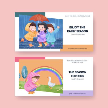 Çocuklarla dolu Twitter şablonu yağmur mevsimi konsepti, suluboya stil