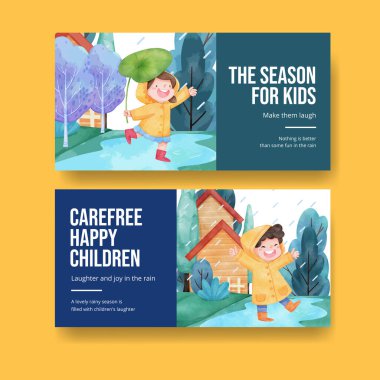 Çocuklarla dolu Twitter şablonu yağmur mevsimi konsepti, suluboya stil