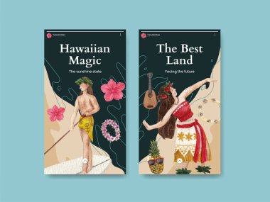 Aloha Hawaii konseptiyle Instagram şablonu, suluboya stil