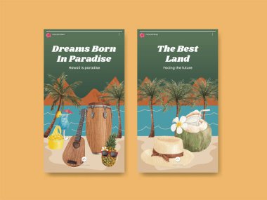 Aloha Hawaii konseptiyle Instagram şablonu, suluboya stil