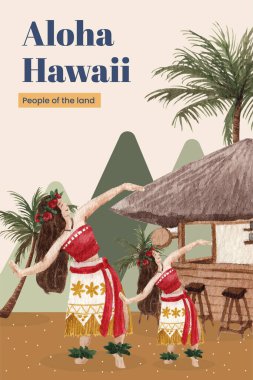 Aloha Hawaii konsepti ile poster şablonu, suluboya stil