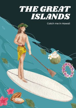 Aloha Hawaii konsepti ile poster şablonu, suluboya stil