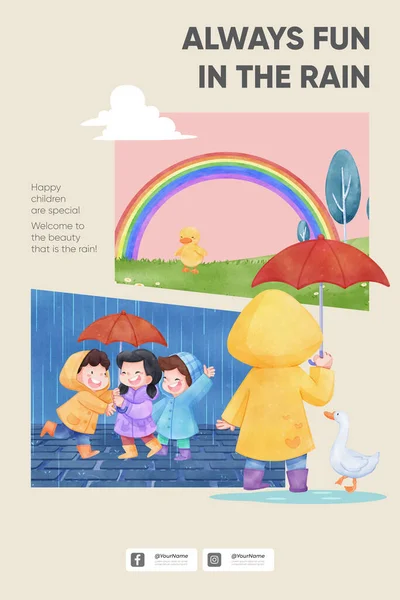 Pinterest Sjabloon Met Kinderen Regenseizoen Concept Aquarel Styl — Stockvector