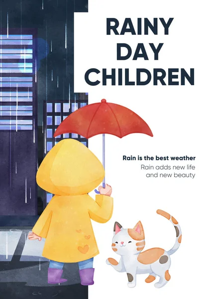 子供の雨季の概念とポスターテンプレート 水彩スタイル — ストックベクタ