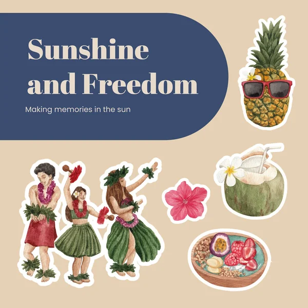 Sticker Template Aloha Hawaii Concept Watercolor Styl — стоковий вектор