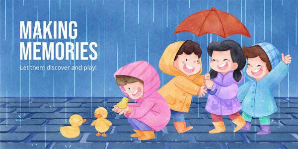 Blog Header Template Children Rainy Season Concept Watercolor Styl Royalty Free Stock Illustrations