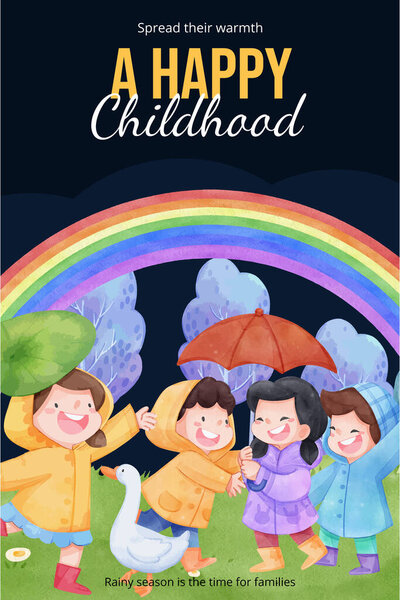 Pinterest Template Children Rainy Season Concept Watercolor Styl Royalty Free Stock Illustrations