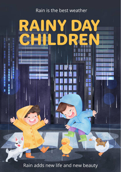Poster Template Children Rainy Season Concept Watercolor Styl Vector Graphics