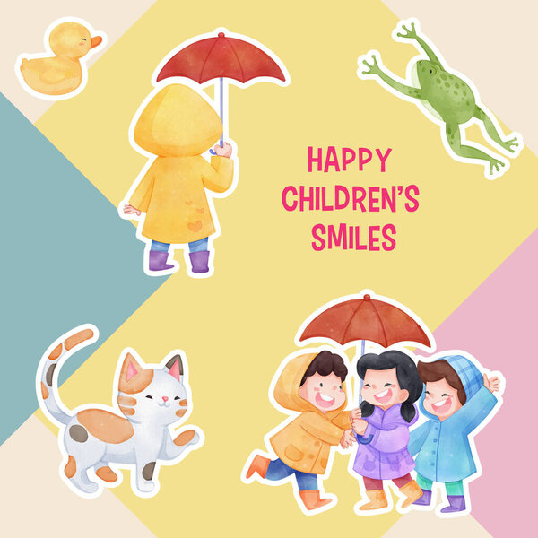 Sticker Template Children Rainy Season Concept Watercolor Styl Royalty Free Stock Illustrations