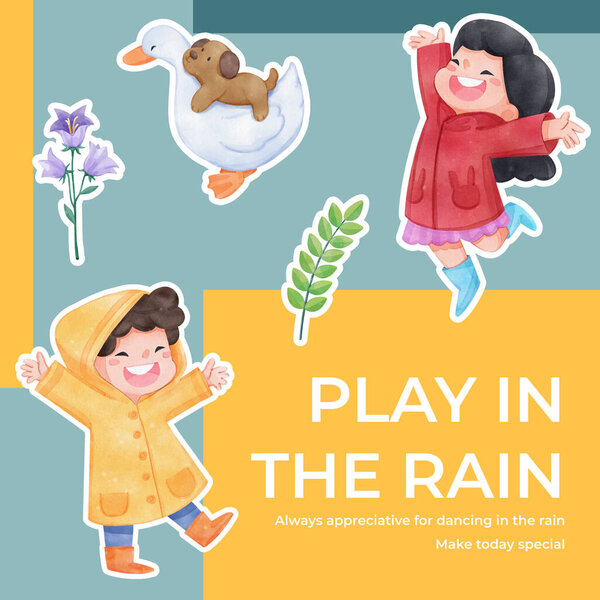 Sticker Template Children Rainy Season Concept Watercolor Styl Vector Graphics