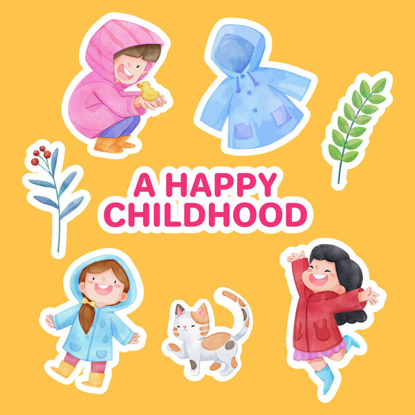 Sticker Template Children Rainy Season Concept Watercolor Styl Stock Vector