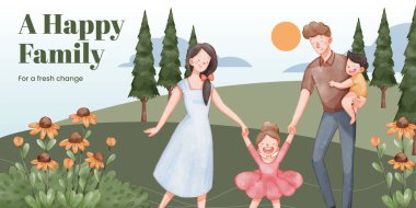 Baş günlük şablonu aile eğlence günü konsepti, suluboya tarzı