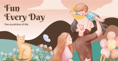 Facebook şablonu aile eğlence günü konsepti, suluboya tarzı