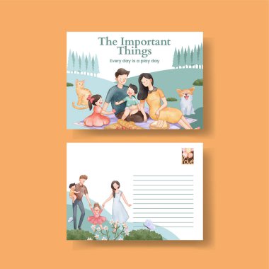 Aile eğlence günü konsepti olan bir kartpostal şablonu, suluboya tarzı