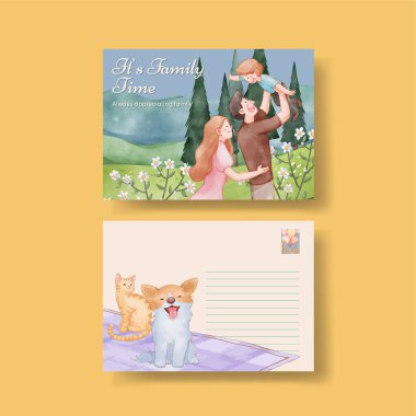 Aile eğlence günü konsepti olan bir kartpostal şablonu, suluboya tarzı