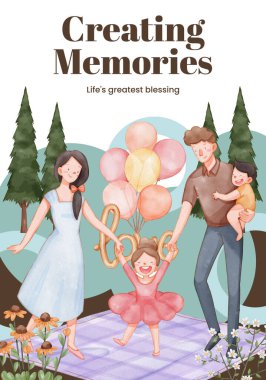 Aile eğlence günü konsepti olan poster şablonu, suluboya tarzı