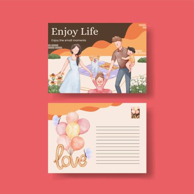 Aile eğlence günü konsepti olan bir kartpostal şablonu, suluboya tarzı