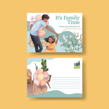 Aile eğlence günü konsepti olan bir kartpostal şablonu, suluboya tarzı