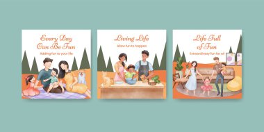 Banner şablonu aile eğlence günü konsepti, suluboya tarzı