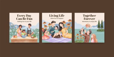 Banner şablonu aile eğlence günü konsepti, suluboya tarzı