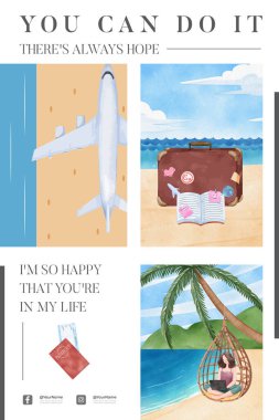 Çalışan kadın gezgin konseptiyle Pinterest şablonu, suluboya styl