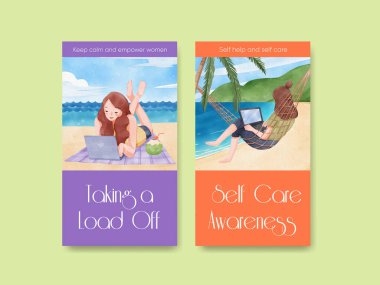 Çalışan kadın gezgin konsepti olan Instagram şablonu, suluboya styl