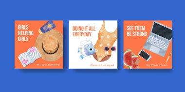 Banner şablonu çalışan kadın gezgin konsepti, suluboya stil