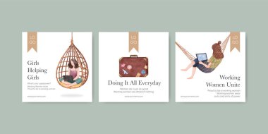 Banner şablonu çalışan kadın gezgin konsepti, suluboya stil