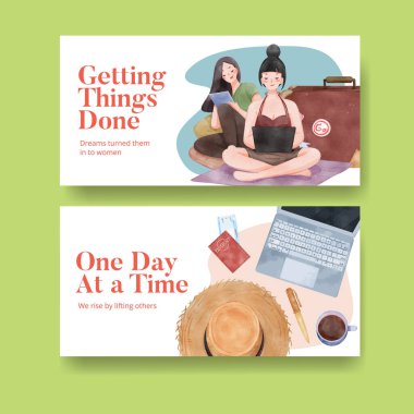 Twitter şablonu, çalışan kadın gezgin konsepti, suluboya styl