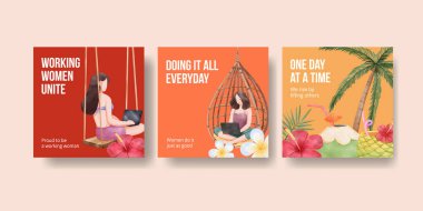 Banner şablonu çalışan kadın gezgin konsepti, suluboya stil