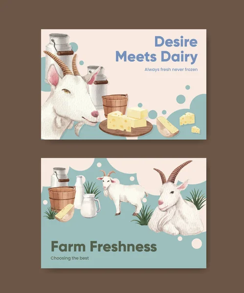 脸书模板与山羊奶和奶酪农场的概念 水彩画风格 — 图库矢量图片
