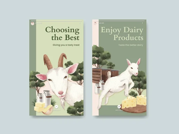 ヤギのミルクとチーズの農場の概念とInstagramのテンプレート 水彩スタイル — ストックベクタ