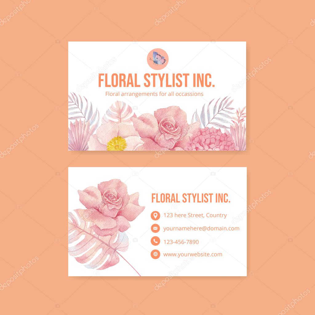 Name card template with pastel tropical flower concept,watercolor styl
