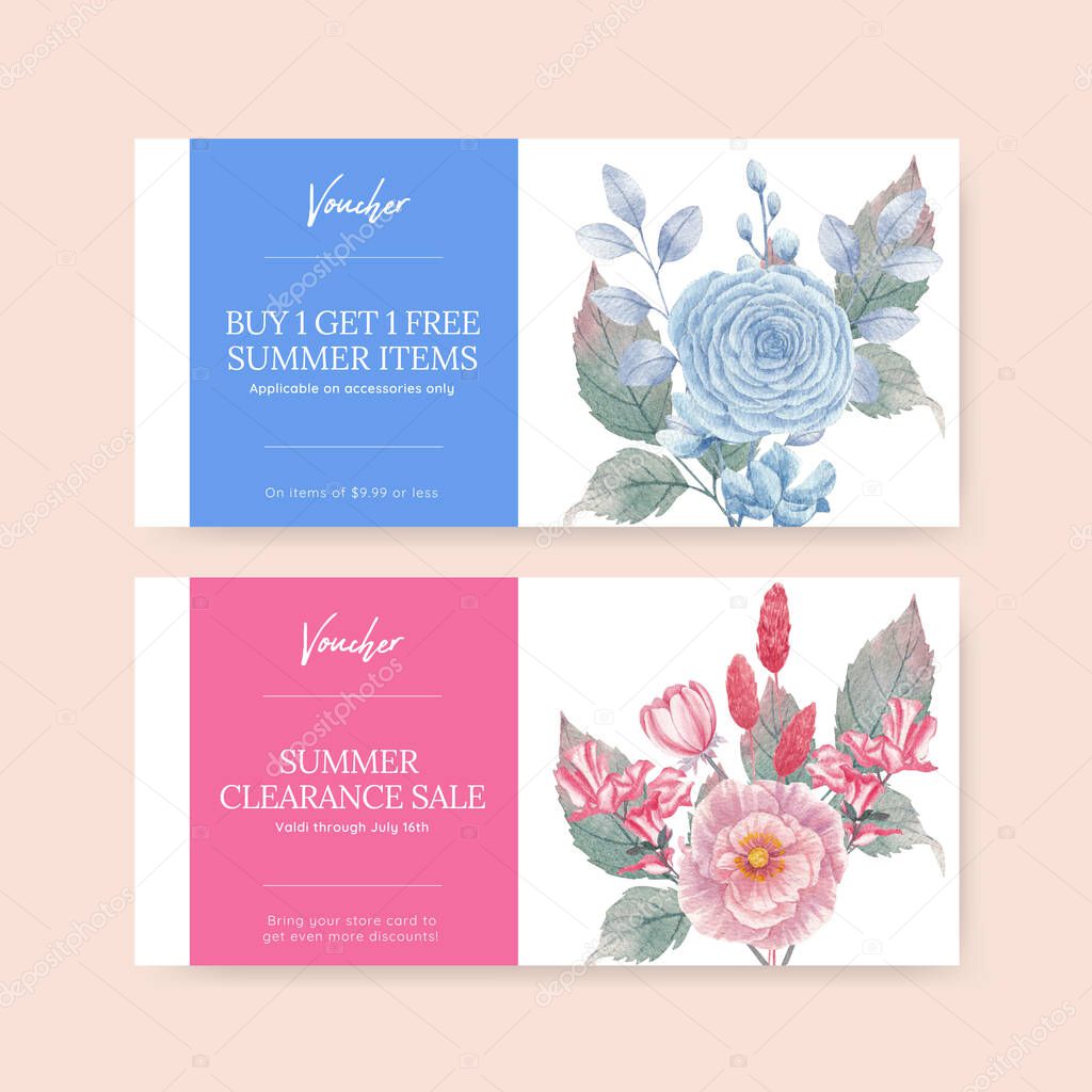 Voucher template with pastel tropical flower concept,watercolor styl