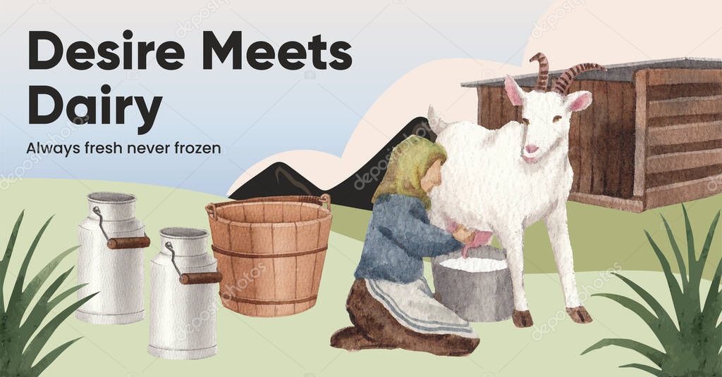 Facebook template with goat milk and cheese farm concept,watercolor styl