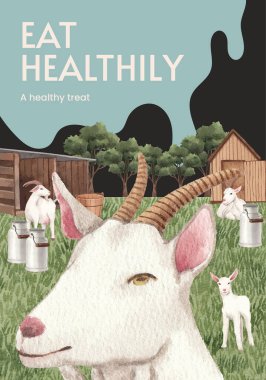 Keçi sütü ve peynir çiftliği konseptiyle poster şablonu, suluboya stil