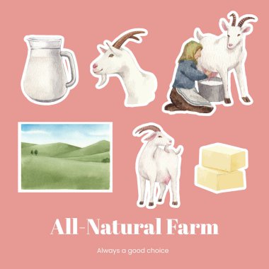 Keçi sütü ve peynir çiftliği konseptiyle çıkartma şablonu, suluboya stil