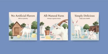 Keçi sütü ve peynir çiftliği konseptiyle pankart şablonu, suluboya stil