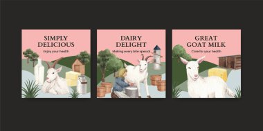 Keçi sütü ve peynir çiftliği konseptiyle pankart şablonu, suluboya stil