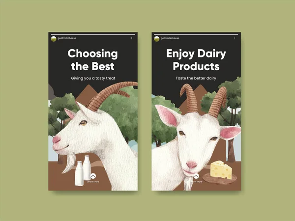 ヤギのミルクとチーズの農場の概念とInstagramのテンプレート 水彩スタイル — ストックベクタ