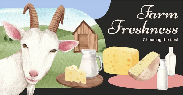 脸书模板与山羊奶和奶酪农场的概念 水彩画风格 — 图库矢量图片