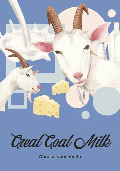 Modèle Affiche Avec Lait Chèvre Fromage Ferme Concept Aquarelle Styl — Image vectorielle