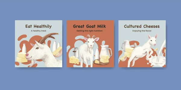 ヤギのミルクとチーズのファームコンセプト 水彩風のバナーテンプレート — ストックベクタ