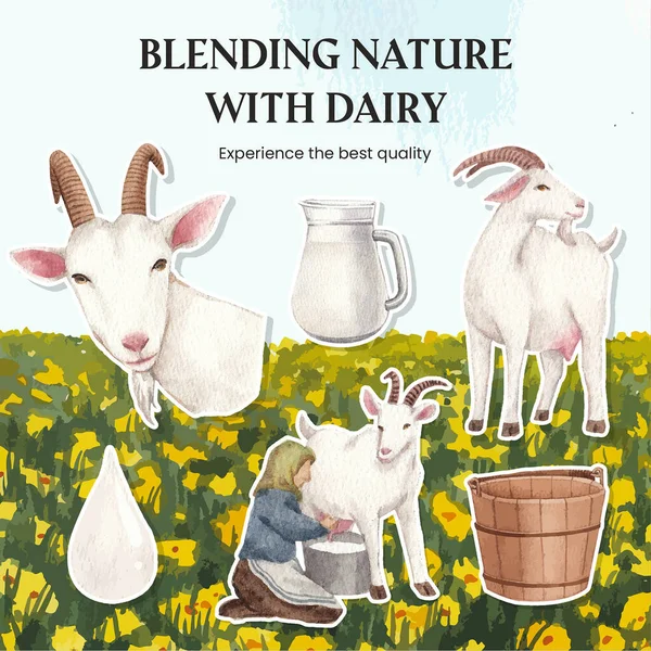 ヤギのミルクとチーズの農場のコンセプト 水彩風のステッカーテンプレート — ストックベクタ