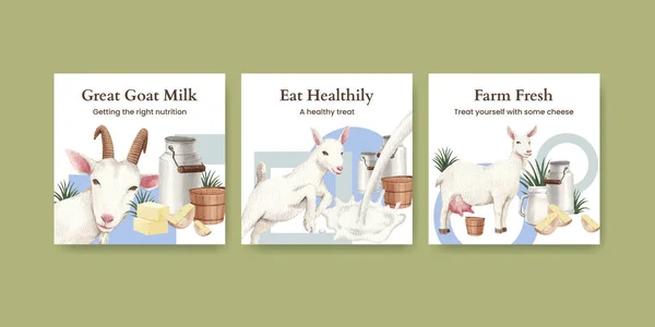 ヤギのミルクとチーズのファームコンセプト 水彩風のバナーテンプレート — ストックベクタ