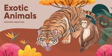 Tropikal yaban hayatı konsepti olan günlük başlığı şablonu, suluboya styl